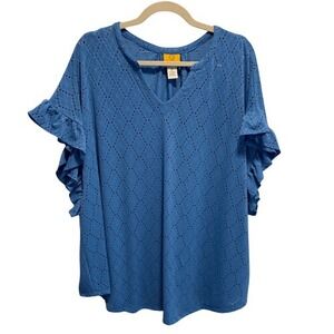 Ruby Rd. Woman Summer Fun Azure Eyelet Ruffle Sleeve Blouse Top 3X‎ NWT